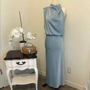 Blue Cowl Neck Sleeveless Midi Dress